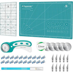 Rotacinio pjaustytuvo rinkinys - 45 mm rotacinio pjaustytuvo audinių pjaustymo rinkinys, įskaitant A3 pjaustymo kilimėlį, rotacinį pjaustytuvą, atsarginius ašmenis, Patchwork liniuotę, audinio spaustukus, amatų peilių rinkinį, idealiai tinkant
