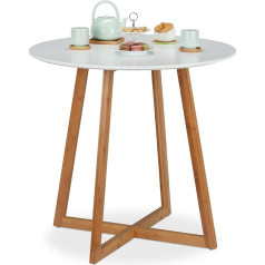 Relaxdays Apvalus skandinaviškas valgomojo stalas su kryžminėmis kojomis, 2 žmonėms, bambukas ir MDF, virtuvės stalas, H x D 75 x 80 cm, baltas/natūralus