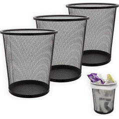 Senenqu 3 metalinių šiukšliadėžių pakuotė, 12 l, biuro šiukšliadėžė, juodas metalinis tinklelis, maža šiukšliadėžė, šiukšlių dėžė, biuras, stalas, miegamasis, vonios kambarys - 26,5 x 23,5 x 18,8 cm