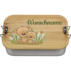 PR Print Royal Didelė pietų dėžutė su pavadinimu ir vaikiškais motyvais - Teddy - dovana vaikams mokyklos sutiktuvių proga, personalizuota dovana - pietų dėžutės dizainas, medinis dangtelis, be BPA, 1000 ml