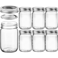 MEETOZ Regular Mason Jars 17oz skaidrūs stiklainiai su sidabriniais metaliniais dangteliais, skirti sandarinti Mason Jars maisto laikymui (6 vnt.)