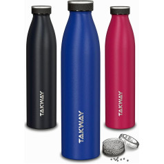 TAKWAY Nerūdijančio plieno gertuvė su valymo karoliukais - 750 ml, 1 L - nepralaidus termosas su vandens buteliu, izoliuotas butelis, tinkamas gerti gazuotus gėrimus (mėlynas, 750 ml)