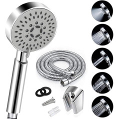 Housler® Handbrause für Badezimmer, 5 Funktionen, Handbrause, mit extralangem Schlauch (2 Meter, 200 cm) und verstellbarer Halterung, chrom