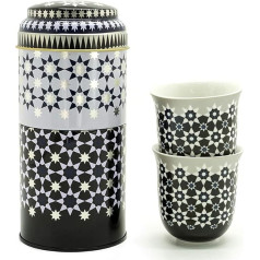 IMAGES D'ORIENT Dovanų rinkinys 2 in 1 metalinės skardinės su 2 x 90 ml Porcalain Espresso puodeliais Mocha puodeliai su juodai baltu raštu Kaokab