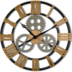 FLEXISTYLE sieninis laikrodis Pramoninis dizainas Didelis 80 cm skersmens Retro Vintage Wood Look Ąžuolas be tykojimo garsų Gyvenamasis kambarys (juodas)