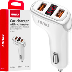 Automobilinis įkroviklis 2x usb-a + voltmetras 3.1a -03887