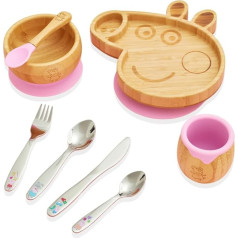 bamboo bamboo X Peppa Pig kūdikių ir mažų vaikų maitinimo ir nujunkymo rinkinys, dubenėlis, lėkštė, puodelis ir stalo įrankių rinkinys, puikiai sugeriantis vandenį, skirtas kūdikiams nuo 6 mėnesių (Peppa Pig)