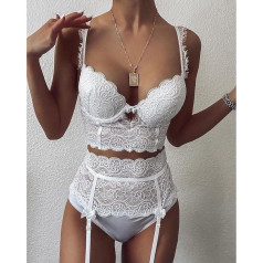 MLLM Babydoll naktinė parduotuvė Seksualus apatinis trikotažas Seksualus nėrinių 3 dalių rinkinys Baltas M