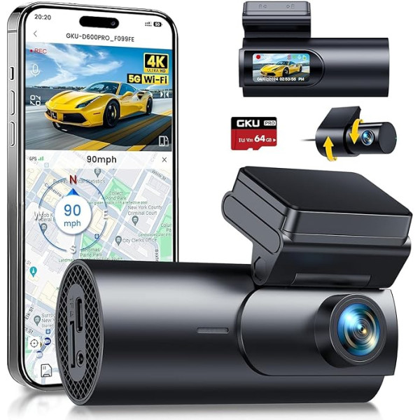 GKU 4K Dash Cam automobilio priekinė galinė kamera, 5G WiFi ir GPS, dviguba prietaisų skydelio kamera, 1,5 colio IPS mini automobilinė kamera su 64 GB SD kortele, parkavimo stebėjimas, ypač geras naktinis matymas, WDR, 170° platus kampas, G jutikli