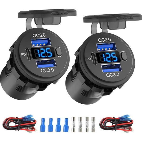 12 voltų USB lizdas su dvigubu greitojo įkrovimo 3.0 prievadu ir PD3.0 USB C automobilio įkrovimo lizdas, vandeniui atsparus 12 V lizdas su cigarečių žiebtuvėliu, keičiantis 