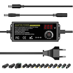 Rsydmn 3A 72W universalus maitinimo šaltinis, kintamosios srovės ir nuolatinės srovės 3V-24V adapteris Reguliuojamas maitinimo adapteris su LED įtampos ekranu ir 14 antgalių, įskaitant mikro USB kištuką, skirtas 3V-24V buitinei elektronikai, nuol