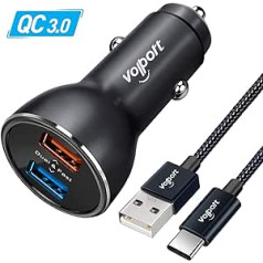 „Volport“ automobilinis įkroviklis, 39 W 6A QC3.0 automobilinis adapteris USB automobilinis įkroviklis cigarečių degiklis su 2 USB prievadais ir 1 M tipo C laidu, skirtu „Samsung Galaxy S10+ Note 10+ S9 A70 iPhone 14/14 Plus/14 Pro Max“