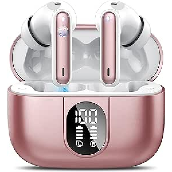 „Csasan Bluetooth“ ausinės, belaidės „Bluetooth 5.3 Deep Bass“ su 4 ENC mikrofonais, 40 valandų grojimo laikas, jutiklinis valdymas, į ausis įstatomos ausinės su LED ekranu, IP7 vandeniui atsparios ausinės darbui, sportui, rožinė