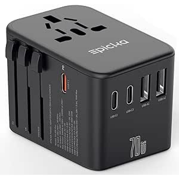 EPICKA kelioninis adapteris visame pasaulyje, GaN universalus kelioninis kištukas 70 W PD greitasis įkroviklis, kelioninis adapteris su 3 USB-C, 2 USB-A, tarptautinis lizdo adapteris, skirtas DE USA JK Japonija Tailandas TA-105 Pro