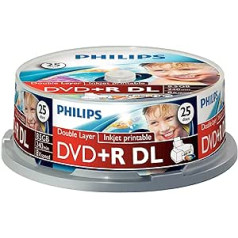 „Philips“ DVD+R „Rohlinge“ (8,5 GB duomenų / 240 minučių vaizdo įrašas, 8x didelės spartos „Aufnahme“, „25er Spindel“, dvigubo sluoksnio DL, spausdinamas rašaliniu spausdintuvu)