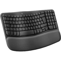 „Logitech Wave Keys“ belaidė ergonominė klaviatūra – grafinis angliškas QWERTY išdėstymas