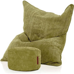 Green Bean © Bean Bag + Pouf Set - XXL Giant Bean Bag with Matching Footstool | EPS pildymo Bean Bag grindų pagalvėlė Lounger pagalvėlė Sėdynės pagalvėlė vidaus skalbiamas žalias
