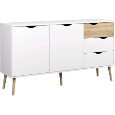 Dmora Komoda su dviem durimis ir trimis stalčiais Balta ir ąžuolo spalva Matmenys 147 x 81 x 39 cm