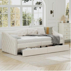 90x200 cm sofa-lova su daiktadėže - funkcinė lova iš lino ir MDF su stalčiais