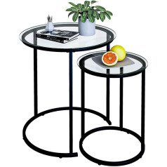 Azheruol Nesting kavos staliukas rinkinys, modernus juodas grūdinto stiklo staliukas, metalinis rėmas, apvalus staliukas, mažas stiklinis arbatos staliukas svetainei, miegamajam, būtiniausioms reikmėms, 19,6 colio