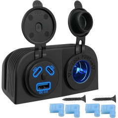 12 V USB lizdas automobilinis įkroviklis, dvigubas PD C tipo ir QC3.0 USB C automobilinis įkroviklis + 12 V/24 V cigarečių žiebtuvėlio lizdas Vandeniui atsparus dviejų skylių palapinės skydelis su jungikliu, skirtas automobiliui, kemperiui, valč