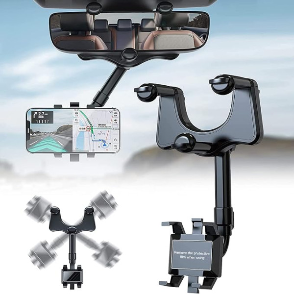 XCWTBL Automobilinis laikiklis telefonui su galinio vaizdo veidrodėliu, 360° daugiafunkcinis reguliuojamas, universalus telefono laikiklis Navigacija ant mobiliojo telefono laikiklio GPS pasukamas ir ištraukiamas