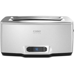 CASO Inox 4 dizaino skrudintuvas, ilgas lizdas 4 riekelėms skrudinti, pagamintas iš aukštos kokybės nerūdijančiojo plieno, tiksliai reguliuojamas su 6 skrudinimo lygiais, šildymo funkcija, atšildymo funkcija, įskaitant bandelę