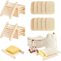 AHANDMAKER 30 Packungen Seifenbeutelhalter-Set Inklusive 10 Stück Naturholz-Seifenhalter, 10 Stück Ovale PVC-Seifenkissen, 10 Stück Ramie-Seifenbeutel Für Bad, Toilette, Küche, Hotel