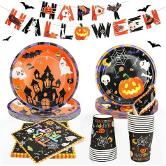 Halloween Party Geschirr Set, Halloween Party Supplies Inklusive Halloween Banner Kürbis Pappteller Tassen Servietten und Tischdecke, Halloween Gruselige Party Dekoration Supplies 16 Gäste