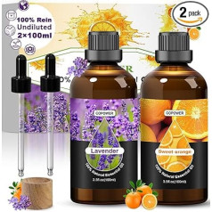COPOWER eteriniai aliejai, 2 x 100 ml eteriniai aliejai difuzoriui - levandų aliejus ir apelsinų aliejus, 100 % grynas natūralus neskiestas kvapusis aliejus Levandų aliejaus dovanų rinkinys drėkintuvui, žvakėms, masažui, miegui
