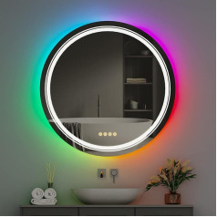 Luvodi RGB LED vonios kambario veidrodis apvalus 60 cm: Vonios veidrodis su 8 foniniais ir 3 priekiniais apšvietimais - 4 jutikliniai jungikliai - šildomas vonios veidrodis - apšviečiamas sieninis veidrodis vonios kambariui, skirtas vakarėlių barui