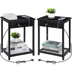 Uomio Naktinis staliukas 2 juodų medinių staliukų rinkinys su lizdais ir 3 USB prievadais Minimalistinis naktinis staliukas su įkrovimo funkcija Įkrovimo stotelė Naktinis staliukas miegamajam, svetainei