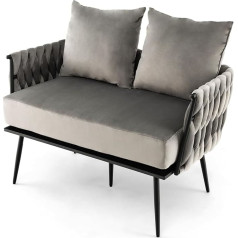 Homasis Dvivietė sofa, dvivietė sofa su austi atlošais ir porankiais, minkšta sofa su 2 atlošo pagalvėlėmis ir nuimama sėdynės pagalvėle, sofa su 5 metalinėmis kojelėmis, aksominio audinio sofa, 109 x 61 x 65 cm (pilka)