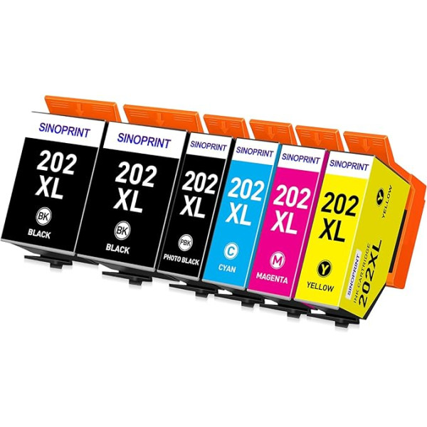 SINOPRINT 6 pakuočių 202XL spausdintuvo kasetės, suderinamos su Epson 202 XL daugiapakopėmis kasetėmis, skirtomis Expression Premium XP-6000 XP-6100 XP-6105 XP-6005 XP6000 XP6100 XP6105 XP6005 XP6001 XP-6001 rašalui