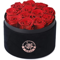 Dekun Rose Box Round Eternal Rose Box - 12 konservuotų rožių raudona dėžutėje patvarus 1-3 metai - dovanos motinai, draugei, žmonai, močiutei; gimtadienis, Valentino diena, amžinoji gėlė (juoda dėžutė ir raudona rožė)