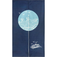 LIGICKY Japoniško stiliaus storas lininis audinys Noren Ilga užuolaida Durų užuolaida Kambarių pertvaros gobelenai namų tekstilės 85 x 150 cm, mėlyna, ratas, bangos ir jūros paukščiai