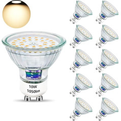 Unikcst GU10 LED šiltai balta 10 W lemputė pakeičia 100 W halogeninę lemputę 3000 K pagrindo stiklinė 1050 LM ryški LED lempa 230 V spindulio kampas 120° LED prožektorius, netemdomas, pakuotė 10 vnt.