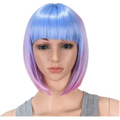 SWACC 10 colių mėlyna rožinė Ombre daugiaspalvis trumpas tiesus Bob perukas su atplaišomis Sintetinis spalvingas Cosplay šalis Flapper perukas moterims vaikams su peruko dangteliu