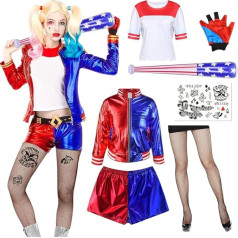 Senchinner Quinn kostiumas Moterų Halloween Cosplay kostiumai rinkinys su beisbolo lazda Pripučiamos laikinos tatuiruotės, pirštinės, striukė, marškinėliai, šortai, tinklinės kojinės