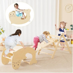 DREAMADE 3-in-1 vidaus laipiojimo rėmas, laipiojimo žaislas iš pušies medienos, laipiojimo trikampis su nusileidimo kalneliu ir laipiojimo arka vaikams nuo 3 metų (natūralus)