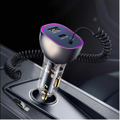 ANKEWAY Cigarečių žiebtuvėlio USB C adapteris, 90 W 3 prievadų QC3.0 ir PD3.0 greitasis automobilinis įkroviklis su 1,5 m greituoju spiraliniu C tipo kabeliu, automobilinis įkroviklis 