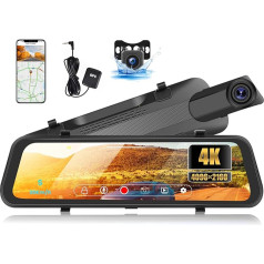 CAMECHO Mirror Dash Cam Automobilinė priekinė galinė 4K/1080P automobilinė kamera su GPS WiFi, prietaisų skydelio kamera su 9,66 colių IPS ekranu, naktiniu matymu, 150° plačiu kampu, WDR, kilpos įrašymu, parkavimo režimu ir judesio aptikimu,