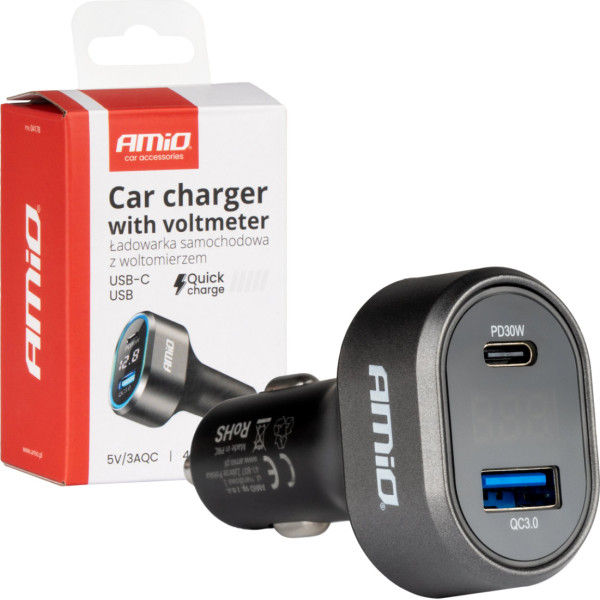 Greitasis automobilinis įkroviklis su voltmetru 48w pd30w qc3.0 usb-a usb-c -04178