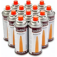 „Unilite“ 12 x dujų kasetės – Butano dujų kasetės 227 su durtuvu MSF-1A – Butano dujų kasetės idealiai tinka stovyklavietėms krosnims, dujų lempoms ir kt. arba piktžolių degintojams