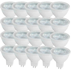 OUKAIDE LED MR16 5W GU5.3 50W ekvivalentas, MR16 halogeninė lemputė, šaltai balta, 6000K, MR16 LED prožektorius, 500 liumenų, nedegus, AC/DC 12V A energinio efektyvumo klasė