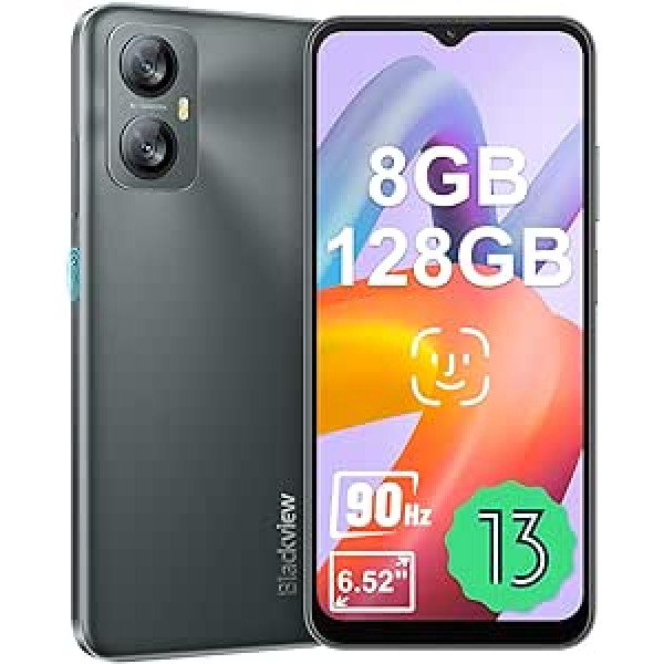 „Blackview A52Pro 2024“ išmanusis telefonas, 8 GB + 128 GB (TF 1 TB) „Handy“, „Android 13 Handy“, 90 Hz 6,52 colio HD+ ekranas, 5150 mAh, 13 MP 4G dviejų SIM kortelių išmanusis telefonas, Fingerabdruck/OGcta-Core ID