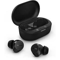 „Philips TAT1209BK“ belaidės „Bluetooth“ ausinės – mažos ausinės, puiki vertė, natūralus garsas su dinaminiais žemaisiais dažniais, aiškūs skambučiai ir kišeninio dydžio įkrovimo dėklas – juodas