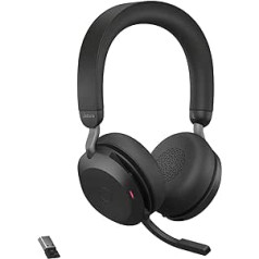 „Jabra Evolve2 75“ belaidės kompiuterio ausinės su 8 mikrofonų technologija – dvigubos putos stereo ausinės su pažangiu aktyviu triukšmo slopinimu, USB-A Bluetooth adapteriu ir suderinamumu su MS Teams – juodos spalvos