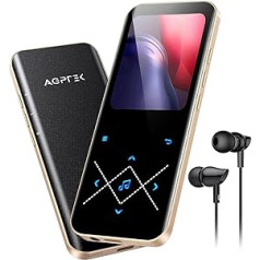 AGPTEK MP3 grotuvas Bluetooth 5.3, 64 GB HiFi garso muzikos grotuvas su 2,4 colio TFT spalvotu ekranu, ausinėmis, garsiakalbiais, jutikliniais mygtukais, FM radijas, elektronine knyga, įrašymas, palaiko TF-128GB, juodas auksas