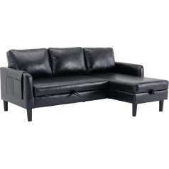 Suppneed Išskleidžiama kušetė, maža sekcinė sofa-lova su laikymo šezlongu, konvertuojama 3 vietų L formos sofa svetainei (juoda PU oda)